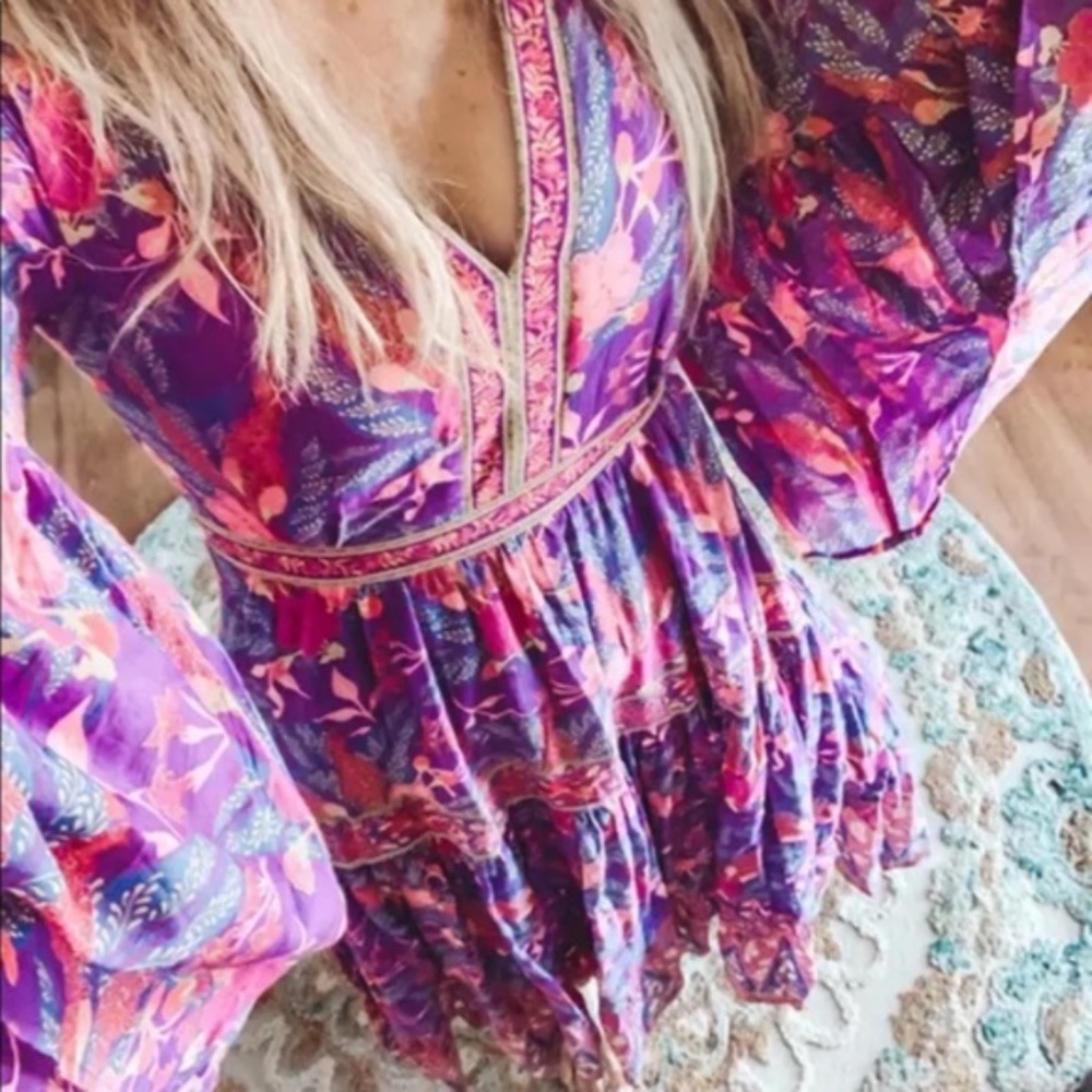 075 Boho Purple Floral Print V neck Cottagecore Dress